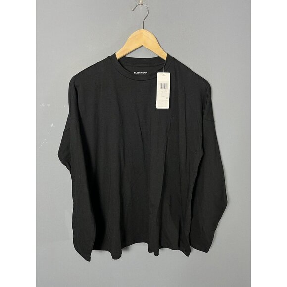 NWT EILEEN FISHER Womens S Solid Black High Crew Neck Boxy Fit Top Shirt - Picture 2 of 6